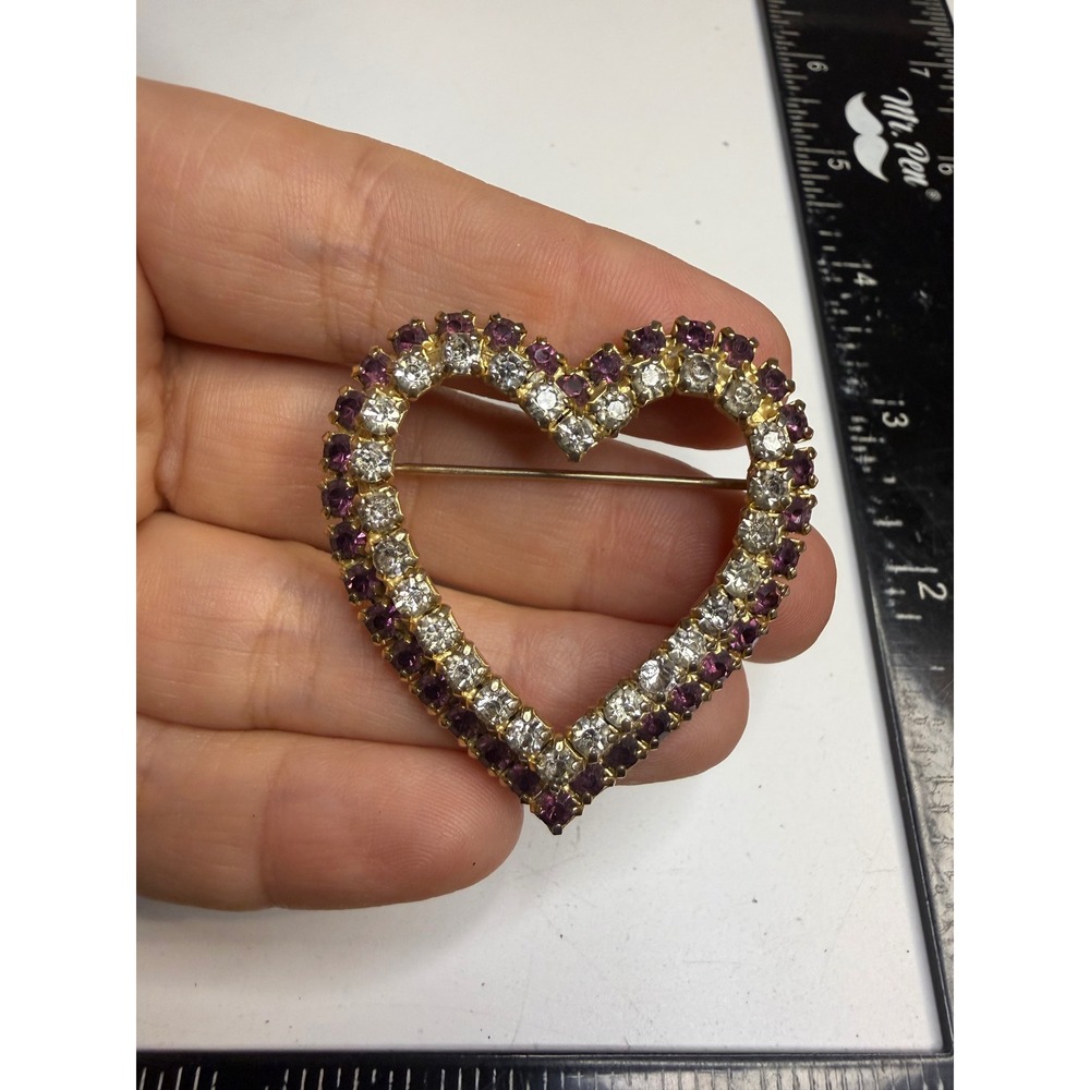 Joseph Warner Vintage Rhinestone Heart Brooch Purple Clear Gold Tone Pin
